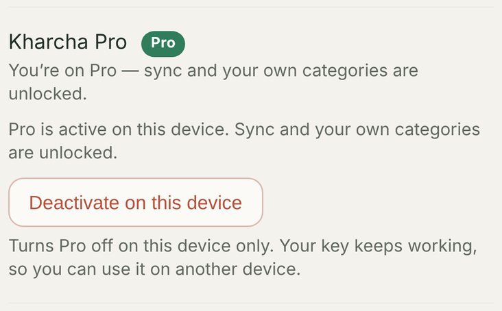 Settings, Kharcha Pro (Pro): Pro is active on this device, with the Deactivate on this device button