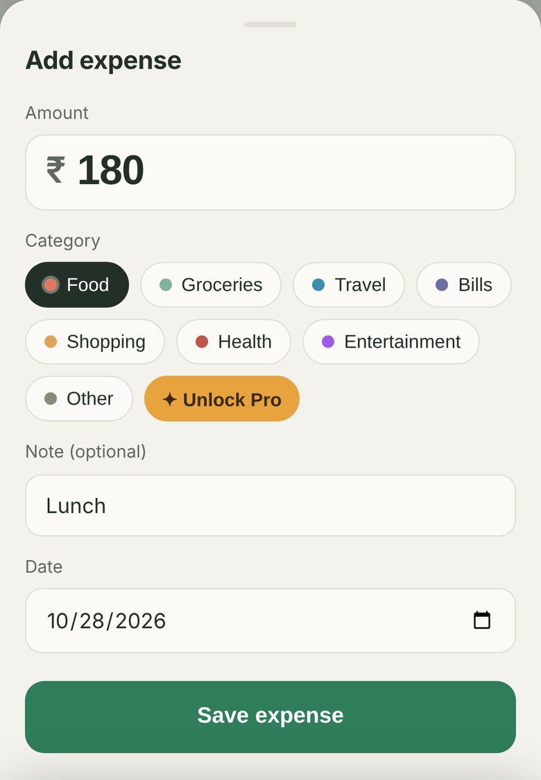 The Add expense panel: amount 180, the Food category selected, the note Lunch, the date, and the Save expense button