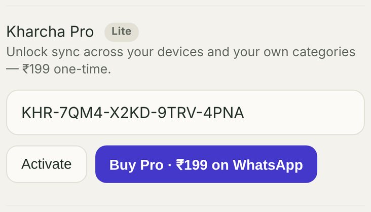 Settings, Kharcha Pro (Lite): the licence key pasted into the box, with the Activate and Buy Pro buttons
