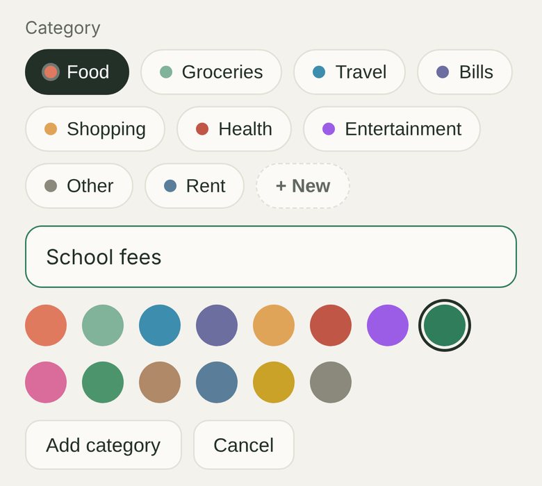 The category chips with a custom Rent category, the + New chip, a new category name School fees and a row of colours