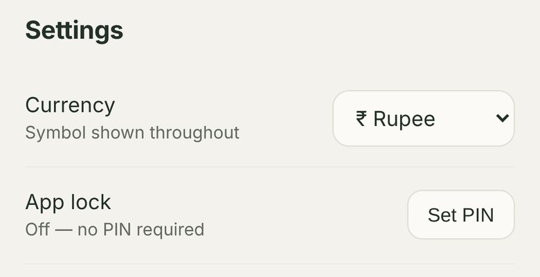 Settings: Currency set to Rupee, and App lock Off with a Set PIN button