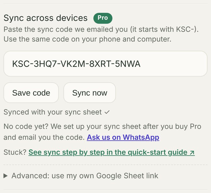Settings, Sync across devices: a sync code pasted in, Save code and Sync now buttons, and the status Synced with your sync sheet